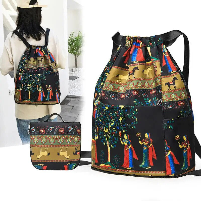 Women'S Drawstring Backpack Nylon Folding Large Capacity Portable Soft Multifunction Fashion Travel Waterproof Shopping Handbag