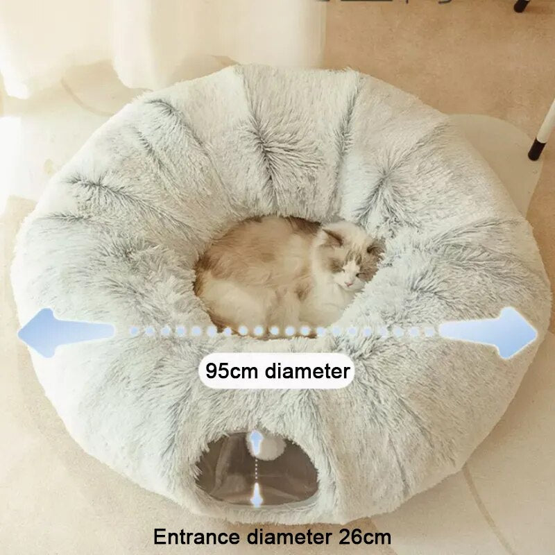 2 in 1 round Cat Beds House Funny Cat Tunnel Toy Soft Long Plush Dog Bed for Small Dogs Basket Kittens Bed Mat Kennel Deep Sleep