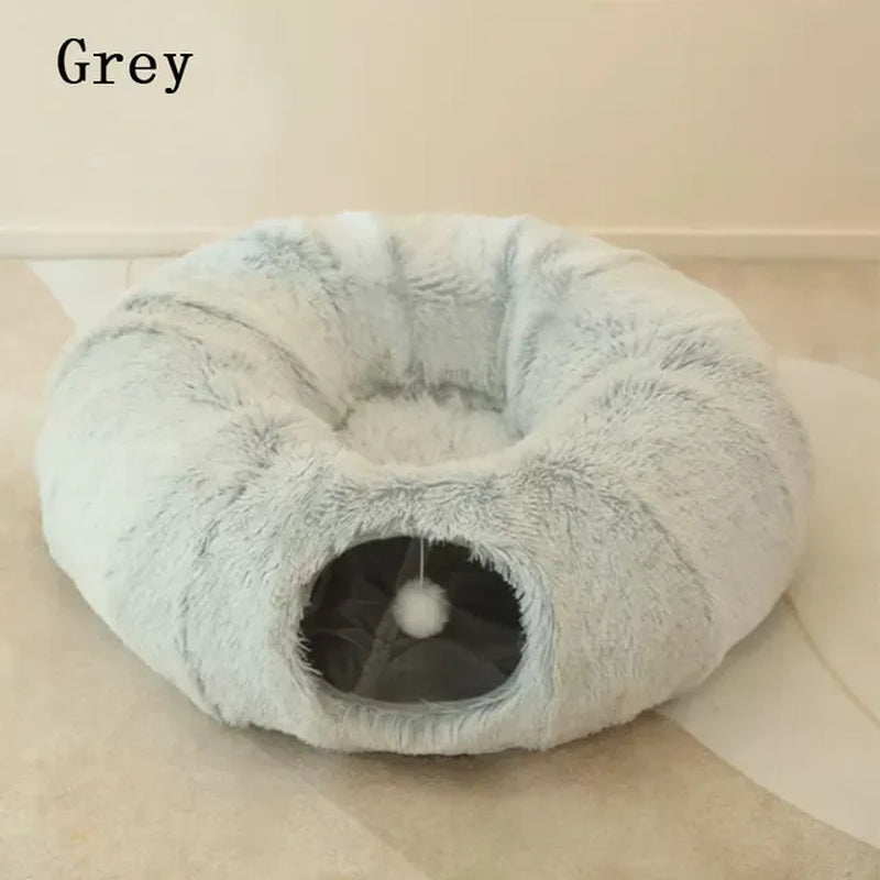 2 in 1 round Cat Beds House Funny Cat Tunnel Toy Soft Long Plush Dog Bed for Small Dogs Basket Kittens Bed Mat Kennel Deep Sleep